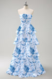 White Blue Flower Ruffled A Line Bridesmaid Dress