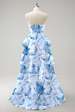 White Blue Flower Ruffled A Line Bridesmaid Dress