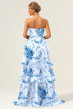 White Blue Flower Ruffled A Line Bridesmaid Dress