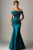 Peacock Blue Mermaid Off The Shoulder Ruched Satin Formal Dress