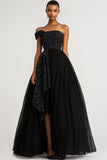 A Line Black One Shoulder Tulle Sequins Formal Dress