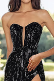 Strapless A Line Black Sequined Prom Dress With Slit