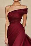 Burgundy Sheath One Shoulder Ruched Satin Prom Dress