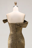 Off The Shoulder Metallic Gold Sheath Prom Dress With Slit