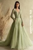 Dusty Sage A Line Long Sleeve V-Neck Tulle Prom Dress