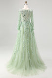 Dusty Sage Lace Applique Long Sleeve Tulle Prom Dress