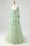 Dusty Sage Lace Applique Long Sleeve Tulle Prom Dress