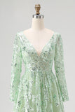 Dusty Sage Lace Applique Long Sleeve Tulle Prom Dress