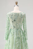 Dusty Sage Lace Applique Long Sleeve Tulle Prom Dress