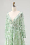 Dusty Sage Lace Applique Long Sleeve Tulle Prom Dress