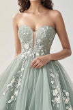 Grey Green Tulle Sweetheart A Line Prom Dress with Appliques