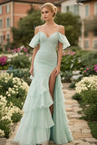 Mint Chiffon Cold Shoulder Appliques Ruffle Prom Dress with Slit