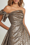 Gold Glitter Fabric A Line One Shoulder Pleated Prom Dress with Slit