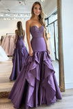 Plum Satin Ruffle A Line Sweetheart Prom Dress with Beading