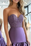 Plum Satin Ruffle A Line Sweetheart Prom Dress with Beading