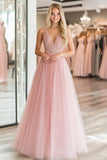 A Line Lace Appliques Tulle Pink Deep V Neck Prom Dress