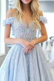 Sky Blue Princess Off the Shoulder Lace Applique Long Prom Dress