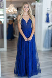 Royal Blue A Line Spaghetti Straps Lace Applique Long Prom Dress