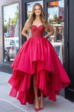 Taffeta Red A Line High-Low Length Strapless Prom Dress with Beading