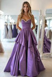 Plum Taffeta Sweetheart A Line Ruffled Pleated Long Prom Dress