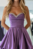 Plum Taffeta Sweetheart A Line Ruffled Pleated Long Prom Dress