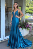 Peacock Stretch Satin Sheath Spaghetti Straps Prom Dress with Appliques