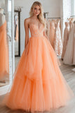 Orange Princess Sweetheart Lace Applique Tulle Long Prom Dress