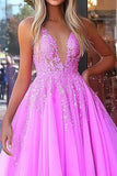 Fuchsia Princess Spaghetti Straps Tulle Long Prom Dress with Appliques