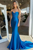 Royal Blue Sweetheart Sheath Stretch Satin Long Prom Dress