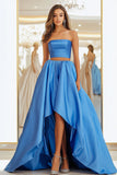 Blue Satin Strapless High-Low Length 2-Piece Prom Dress