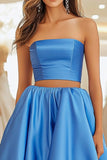 Blue Satin Strapless High-Low Length 2-Piece Prom Dress