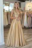 Gold Satin Sweetheart A Line Ruched Prom Dress with Beading