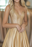 Gold Satin Sweetheart A Line Ruched Prom Dress with Beading