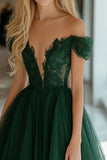 Dark Green Princess Tulle Off The Shoulder Long Prom Dress with Lace Appliques