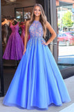 Blue Organza Lace Scoop Neck Princess Prom Dress with Appliques