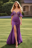 Sparkly Plum Mermaid Cold Shoulder Beaded Corset Satin Long Formal Dress with Slit