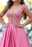 Sparkly Pink Princess V Neck Satin Long Prom Dress with Appliques