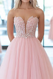 Sparkly Pink Ball Gown Sweetheart Tulle Long Prom Dress with Appliques