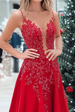 Sparkly Red A-Line Spaghetti Straps Long Prom Dress with Sequined Appliques