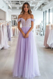 Sparkly Lilac A-Line Off the Shoulder Tulle Long Formal Dress with Appliques