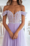 Sparkly Lilac A-Line Off the Shoulder Tulle Long Formal Dress with Appliques