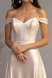 Elegant Champagne A-Line Off the Shoulder Satin Long Prom Dress