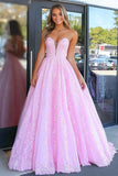 Elegant Pink Sweetheart Princess Lace Applique Long Prom Dress