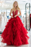 Red Princess Deep-V Neck Tulle Tiered Long Prom Dress with Beading