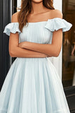 Light Blue Off the Shoulder A Line Long Prom Dress