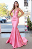 Satin Pink Mermaid Spaghetti Straps Deep-V Neck Long Prom Dress