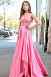 Pink A Line Satin V Neck Long Prom Dress with Back Zipper