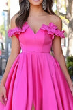 Fuchsia Satin A Line Off The Shoulder Applique Prom Dress with Slit