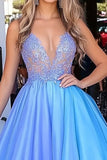 Blue Ball Gown Organza Long Prom Dress with Lace Appliques