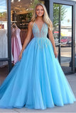 Princess Blue Tulle Lace Applique Long Prom Dress